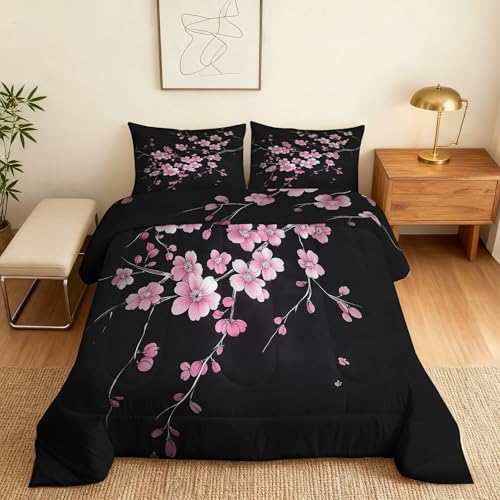 Japan Comforter Set King Size, Cherry Blossom Black Pink Comforter All Season Down Alternative King, Japan Bedding Set Bedroom Decor Duvet with Pillowcase