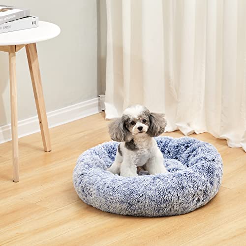 Image of Bedfolks Calming Donut Dog Bed, 23 Inches Round Fluffy Dog Beds for Small Dogs, Machine Washable Anti-Anxiety Plush Puppy Bed(Navy Blue, Small)