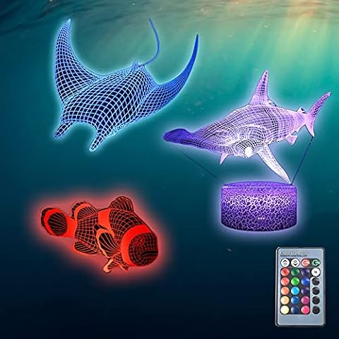 TriPro 3 in 1 Manta Nemo Shark Sea Animal Fish 3D Illusion Bedroom Decor Table Lamp Night Light with 16 Colors Remote Control Decorations Gifts for Men,Women,Kids,Boys,Teens Cover