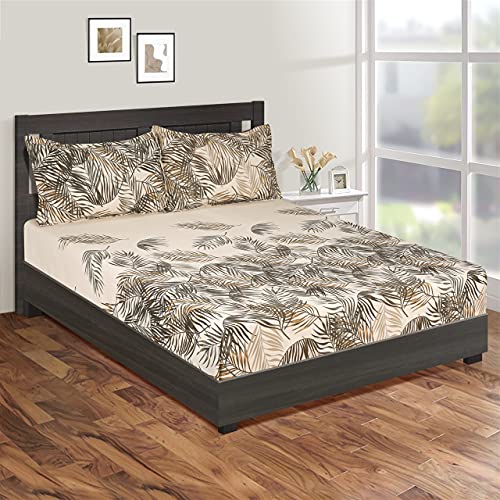 Image of Swayam Roto Cotton King Fitted Bedsheet with 2 Pillow Covers | Size 72 x 78 x 10 inch | 144 TC | Leaf Design | Soft Breathable Bed Sheet | Comfortable & Durable for Bedroom - Beige & Black