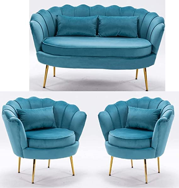 Image of Living Room Vintage Velvet Fabric Tub Armchairs with Metal Leg Armrests Lounge Comfortable Royal & Luxury (Light Blue, 2+1+1)