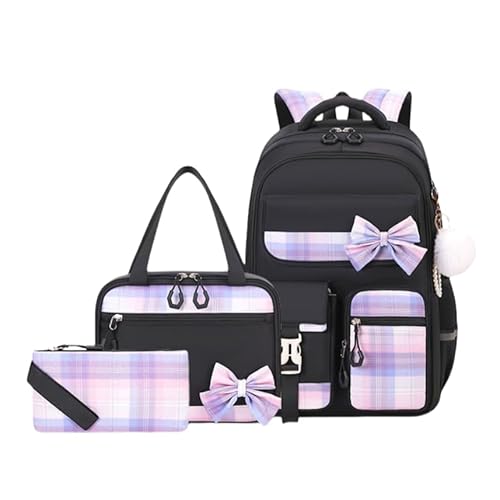 TYHOTULY Kids Backpack for Girls, Cute Plaid Large Capacity Waterproof Bookbag for Students Teens Preppy Aesthetic Bow Elementary Primary Middle School Bag with Kawaii Lunch Box Pencil Case Set