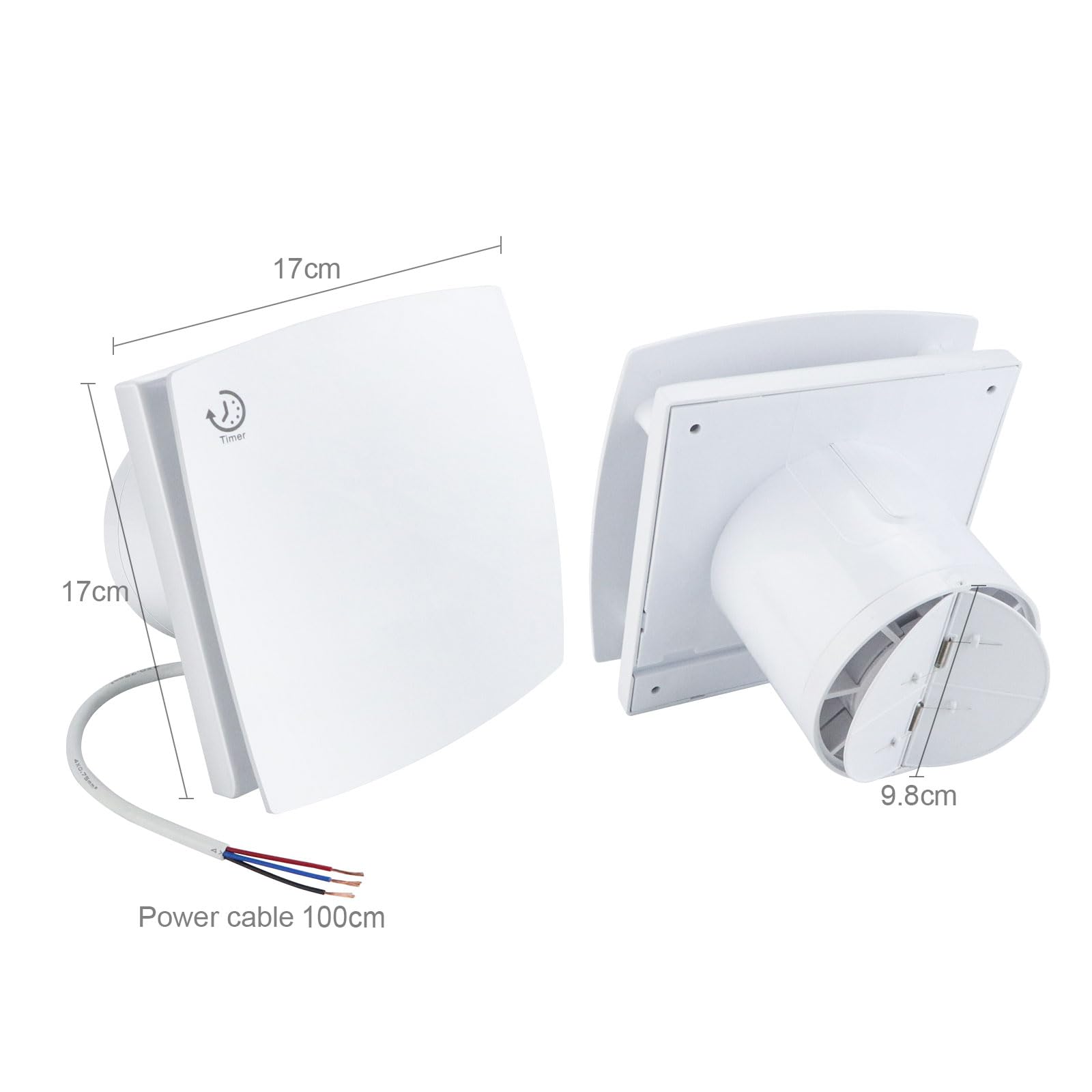 Ventilatore aspiratore silenzioso 100 mm per bagno, wc, cucina, con timer, 95 m³/h, 30 dB, con pannello frontale moderno