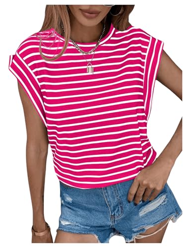 Floerns Women's Casual Stripe Print Cap Sleeve T Shirts Round Neck Tee Hot Pink White M