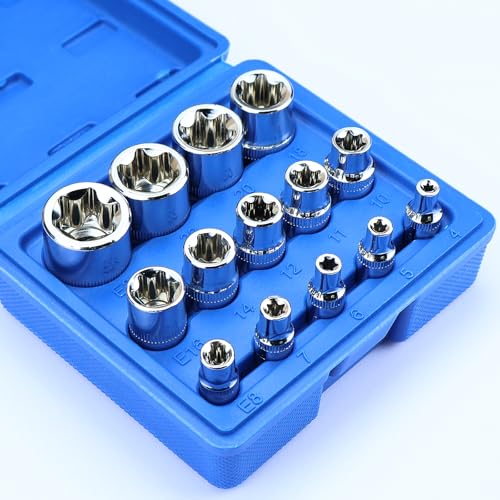14-Piece, E-Torx Socket Set, E4 to E24, High-Strength Chrome Vanadium Steel, 1/4”, 3/8”, 1/2” Drive, Automotive Repair Tools for Cars, Motorcycles, and Mechanical Applications