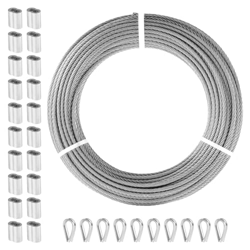 VEVOR 1/8 Stainless Steel Cable, 1/8 Wire Rope, 100 FT 316 Cable Wire 20 Sleeves & 10 Thimbles, 1600 lbs Breaking Strength, 7x7 Strands Marine Aircraft Grade for Handrail Stair Decking Fence Outdoors