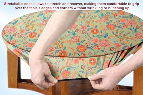 Image of The Furnishing Tree Elastic Cotton Round Center Table Cover 28 in Inches Floral Multicolor on Green Base
