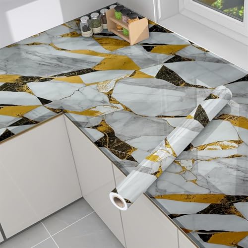 Image of VOLITO Self Adhesive Marble Wallpaper Kitchen Wallpaper Oil Proof & Waterproof Wallpaper for Cabinet Makeover, Almirah, Plastic & Tabletop, Wardrobe (60x200cm) (V-New White Gold Blocks)