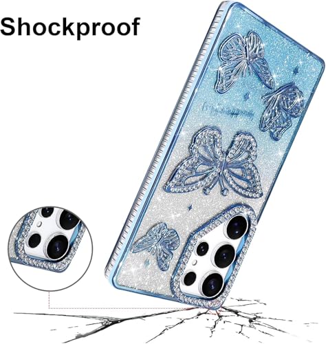 Image of Elzzi Electroplated Butterfly Phone Cover for Samsung S25 Ultra Case, Showcasing Pearlescent Diamond Soft TPU, Camera Protection, Shockproof, Dropresistant Stylish for Girls & Women (Blue)