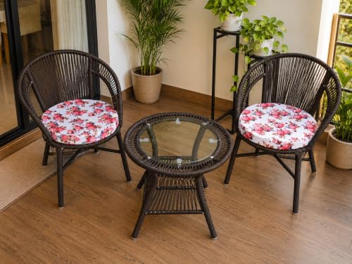 Image of India 3 Piece Outdoor Braid and Rope Patio Furniture Set Balcony Garden Lawn Deck Poolside Cafe Seating (Brown with Floral Cushion)