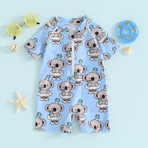 CHAUKAREAUL Baby Boy Swimsuit Zipper Short Sleeve Cartoon Bear Print Jumpsuit One Piece Swimwear Toddler Bathing Suit (Blue, 18-24 Months)