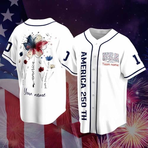 Jersey de béisbol personalizado para el 4 de julio con nombre personalizado, nombre del equipo, regalo del Día de la Independencia, 250 años de libertad. Blanco miniatura 3