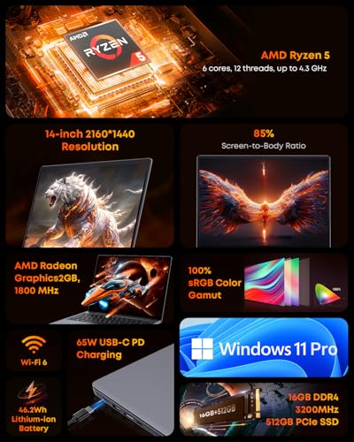 Image of CHUWI Gaming Laptop, AMD Ryzen 5 (Beat i7-1355U), 16GB RAM 512GB SSD, Win11 Pro Laptop with Office, 14 Inch IPS 2160 * 1440 Display, Backlit Keyboard, WiFi 6, BT 5.2, HDMI