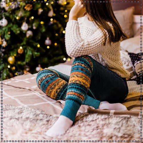 Image of SATINIOR 2 Pairs Bohemian Leg Warmers for Women Wool Blend Knit Knee High Boot Cuffs Long Winter Warm Thermal Socks (Black, Peacock Blue)