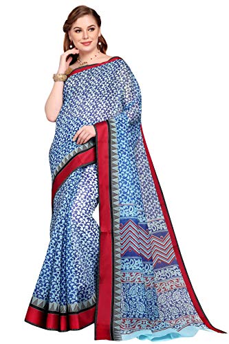 Image of RANI SAAHIBA Women's Poly Cotton Printed Saree With Blouse Piece (SKR6413 Blue)