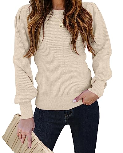 TECREW Women's Puff Sleeve Crew Neck Pullover Sweater Casual Cozy Knit Slim Jumper Tops