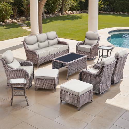 moosprr Luxury High Back Outdoor Furniture Set with 6-inch Thick Cushions, Patio Furniture Set with Swivel Chairs, 10 PCS Wicker Conversation Set for Yard, Deck, Poolside, Brown/Beige