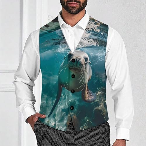 Australian Sea Lion Underwater Photo Men's Suit Vest Waistcoat Vests Formal Dress with 2 Pockets for Business Casual Tuxedo2