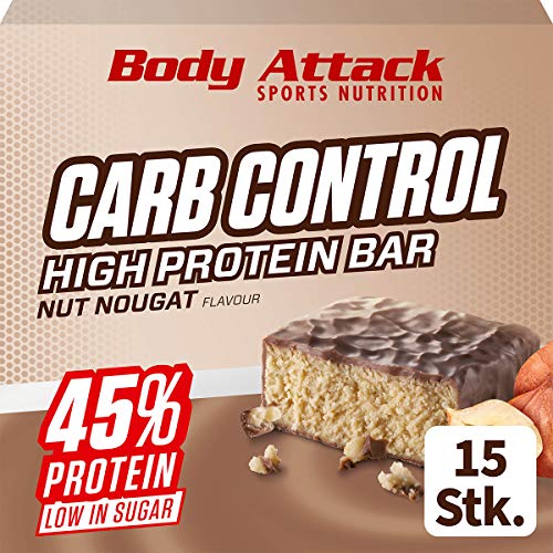 Body Attack Carb Control, Proteinriegel ohne Zuckerzusatz, Low Carb – High Protein, Eiweißriegel mit Whey, auch in der Mix-Box (Nut Nougat, 15 x 100g)