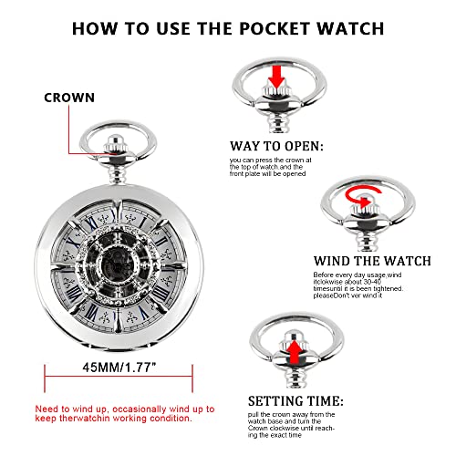 Image of Men's Mechanical Hollow Design Hand Wind Pocket Watch Roman Numerals Steampunk with Chain Box