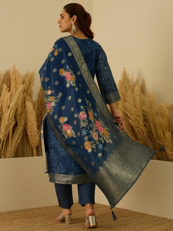 Image of VredeVogel Women's Embroidered Chanderi Silk Jacquard Straight Kurta Pant Set with Dupatta | Perfect for Festive & Casual Ethnic Wear Kurta Set