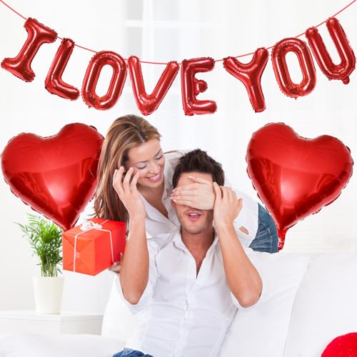 Image of I Love You Balloons Banner and Heart Shaped Balloon, Love Balloons Decorations for Him Her I Heart You Valentines Day Balloon for Valentine Day Romantic Wedding Anniversary Engagement Party Supplies
