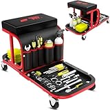 Rolling Shop Stool Chair with Wheels, Mechanic Garage Stool on Wheels, Auto Car Detailing Stools Seat with Tool Tray Storage for Garage Work, Workshop, Home, Garden, DIY, 300 LBS Capacity,Red