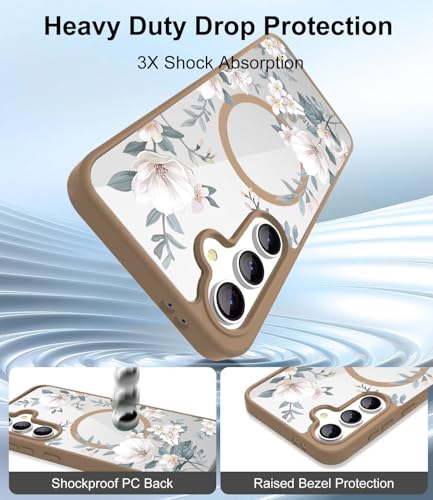 Image of VONZEE Compatible with Samsung Galaxy S25 Plus 5G Case Luxury Retro Flowers Floral for Magnetic Wireless Charging Clear Case Shockproof PC+TPU Cute Glossy Shiny Cover for Girls Women,Desert Titanium