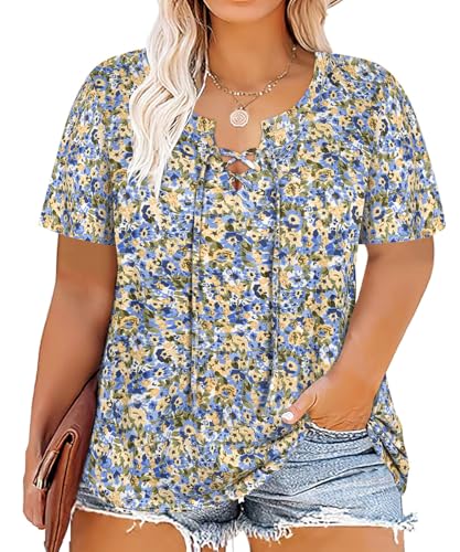 Image of CARCOS Womens Plus Size Tops Short Sleeve Shirts V Neck Tunic Floral /Tie Dye /Solid Summer Tees XL-5X