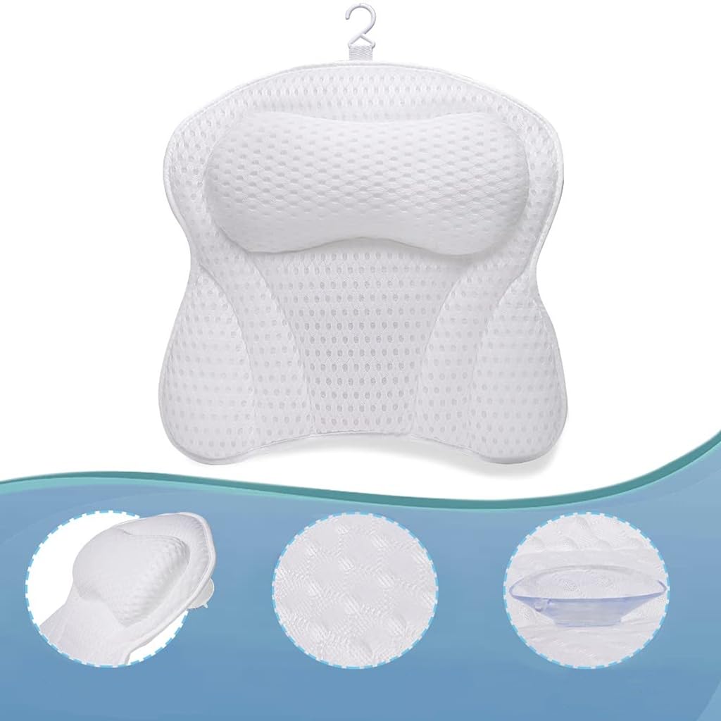 Cuscino Vasca da Bagno con 6 Ventose - Poggiatesta Vasca da Bagno con tecnologia 4D air mesh - Supporto per Vasca da Bagno - Cuscino Bagno relax bianco