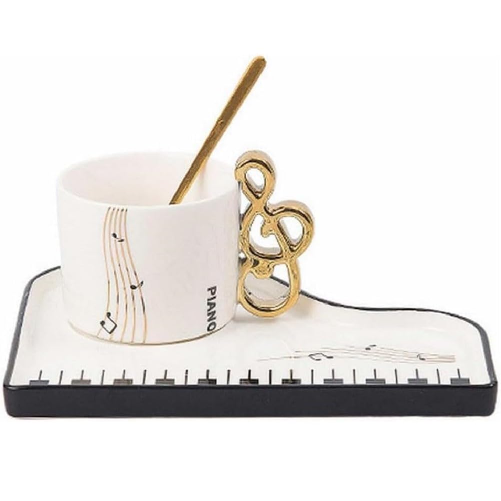 Kreative Klavier Kaffeetasse mit Unterteller und Löffel,200ml Keramik Cappuccinotasse Süß Musiknoten Espressotasse Mochatasse Geschenk für Mutter freundin Geburtstag Valentinstag (Weiß)