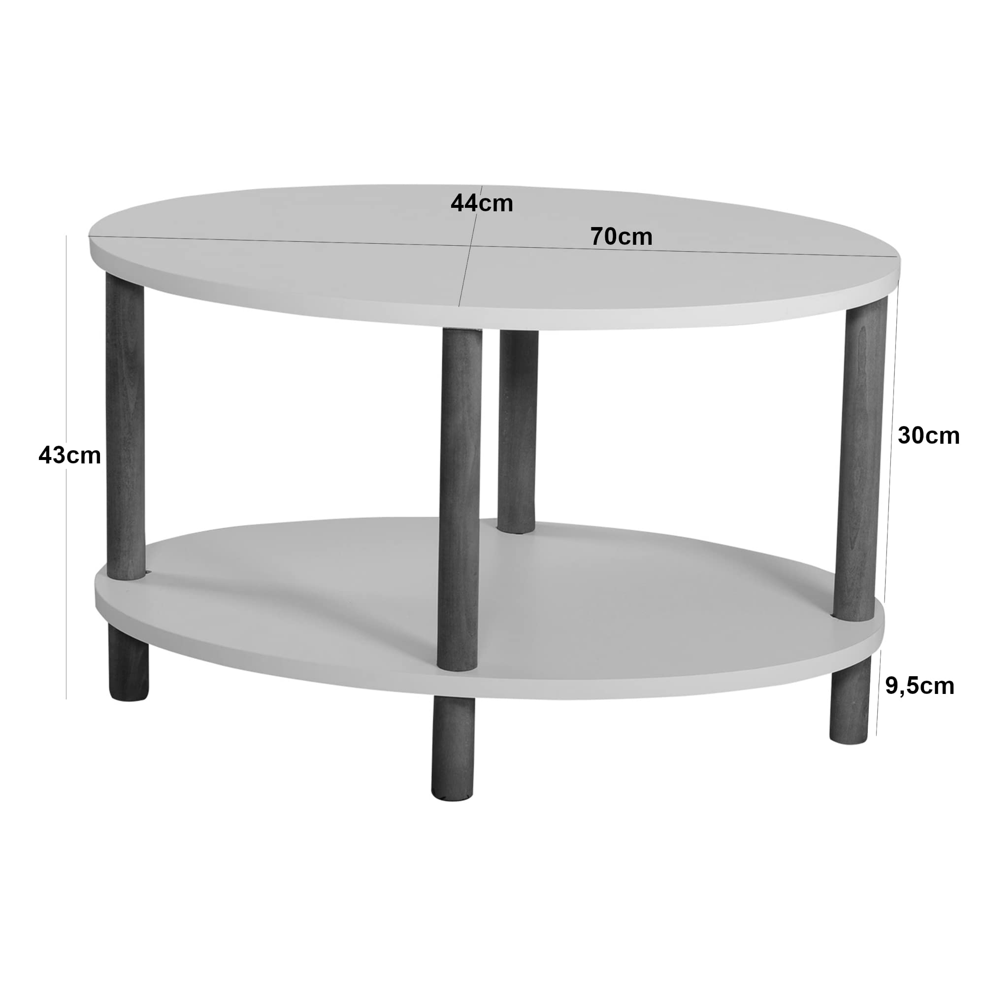 [en.casa] Mesa de Centro Ovalada Højreby con Estante y 4 Patas Mesa Auxiliar Mueble de Salón Oficina Aglomerado/Madera de Haya 43 x 70 x 44 cm - Efecto mármol, Negro