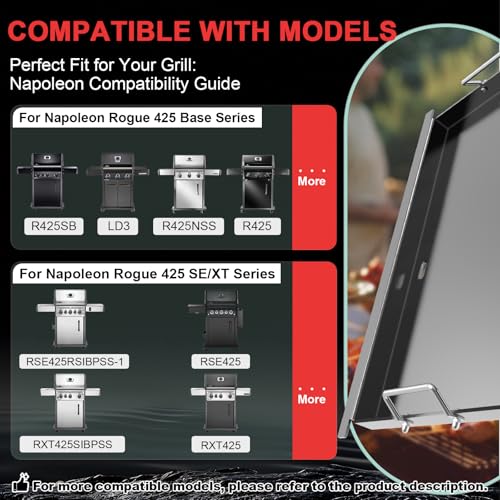 Image of Flat Top Griddle Insert for Napoleon Rogue 425 Series, Carbon Steel Griddle Plate Replacement for Napoleon R425, R425-1, R425-2, 425SB, COS425SBPK, R425NSS, R425SIB, Replace Part S83013, 22.8''X17.7''