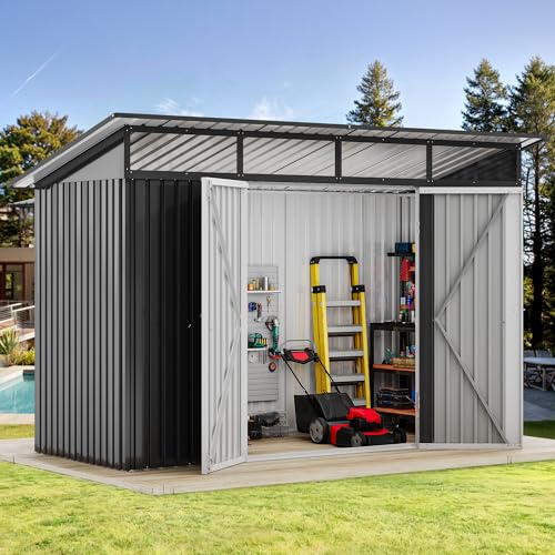 Image of DWVO 9x4 FT Storage Shed for Bicycle, Functional Metal Tool Shelter Garden Storage Unit with Acrylic Windows, Secure Entry Lock, Water-Resistant Waste Enclosure for Outdoor Patio Garden(Dark Gray)