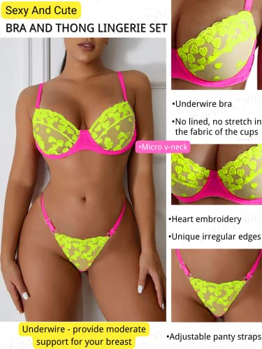 Kaei&Shi Sexy Bra And Panty Sets,Glow In The Dark Black Light Heart Embroidered Lace Lingerie For Women,Underwire G String Sheer Matching Two Piece Sexy Lingerie Set Boudoir Neon Green Large - Image 4