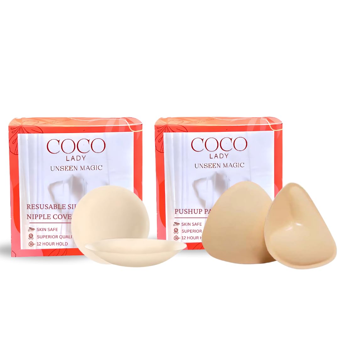 Premium Sticky Pushup Bra Pad -1 Pair and Reusable Silicone Nipple Covers - 2 Pcs Combo Set | Skin-Friendly, Seamless Fit, Sweatproof | Ideal for Backless & Strapless Outfits Beige-image-16