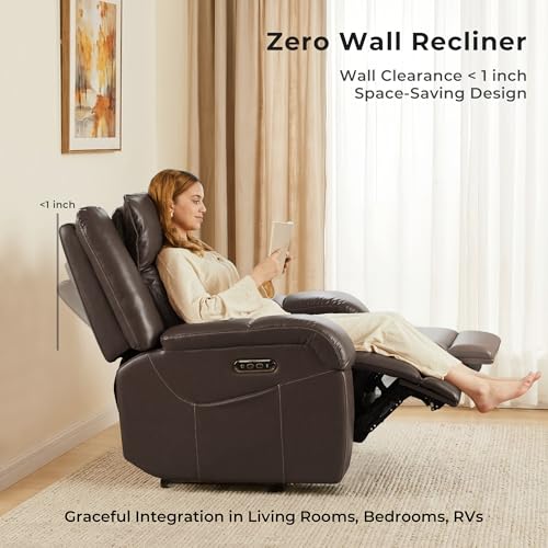 Image of SITJOY Pet Friendly Leather Power Recliner Chair, Zero Wall Hugger RV Recliners with Power Headrest, Charging Ports, Side Pockets, Down-Filled, Scratch Resistant Waterproof Faux Leather in Dark Brown