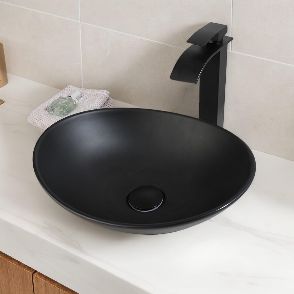 Black Oval Vessel Bathroom Sink - 16"x14" Stone Resin Countertop Basin with Pop-Up Drain, Modern Bathroom Vanity Sink for Home & Commercial