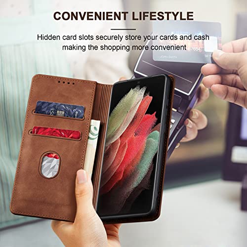 Image of Jasonyu Flip Wallet Case for Samsung Galaxy S21 Ultra 5G,Brown