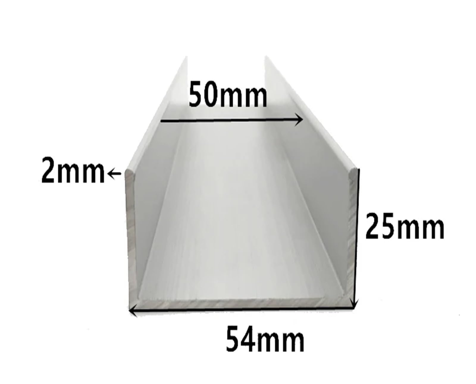 Perfil en U aluminio Perfil de aluminio en forma U, 54 mm x 25 2, ancho exterior, longitud 50 cm, borde aleación recubierto vidrio