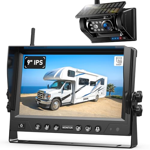 Image of 9 Inch Magnetic Solar Wireless Backup Camera System, 9600mAh Solar Rechargeable RV Backup Camera Wireless with HD1080P 9 inch Loop Recording Monitor for Trailer RV Trucks, BL901