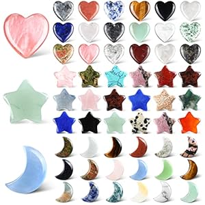 Nuenen 54 Pcs Worry Stones Bulk Heart Moon Star Natural Crystal Stone Tiny Healing Crystals Gemstones Assorted Thumb Quartz Crystal Rock for Mother’s Gift Meditation Balancing(Vivid Color)