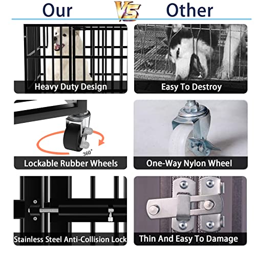 LEMBERI 48/38 inch Heavy Duty Indestructible Dog Crate, Escape Proof Dogs Cage Kennel with Lockable Wheels,High Anxiety Double Door Kennel,Extra Large Crate Indoor for Large Dog with Removable Tray