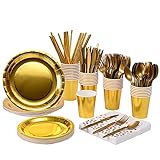 201 Gold Party Supplies Set - Disposable Paper Dinnerware Serves 25, Gold Paper Plates Napkins Cups...