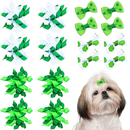 Weewooday 16 Pieces St. Patrick's Day Dog Hair Bows Pet Curve Bows Various Styles Puppy Cat Green Clover Hair Bows with…