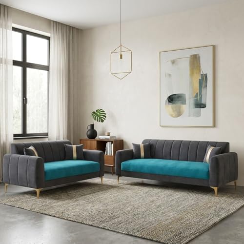 Image of Hermione Luxe Velvet-Suede Fabric 3 Seater + 2 Seater Sofa Set | Golden Legs | Comfortable & Spacious Seating | Modern Sofa Set for Living Room - Dark Gray & Aqua Blue