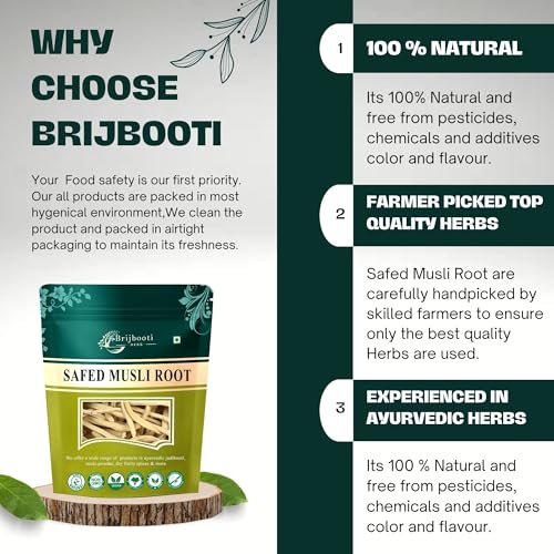 Image of Brjijbooti Safed Musli 100 gram | Chlorphytum Borivillianum Root | Siva Musli Podi | Shweta Musli |Pure & Natural