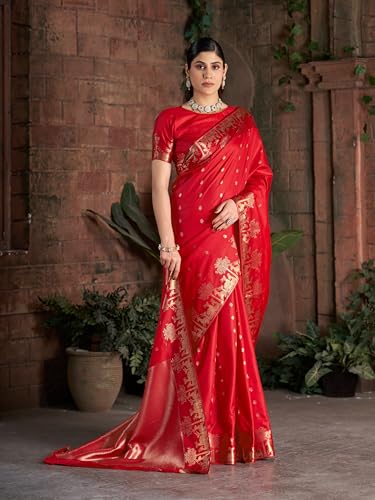 Image of MADHUHANSH Women's Cotton Silk Saree with Unstitched Blouse Piece Zari Weave and Floral Pattern | Heavy Embroidery Saree for Women | Interview Saree for Women | Readymade Blouse with Saree Set