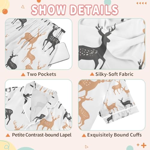senya Deer on White Satin Summer Pajama Sets Silk Short Sleeve Button Down Sleepwear3