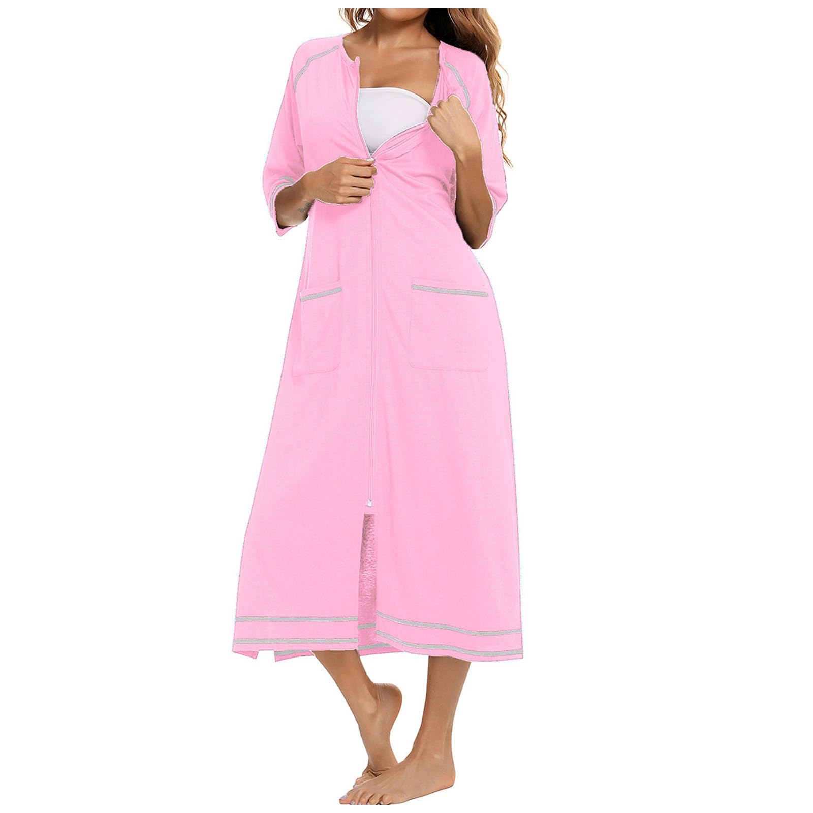 Robe Rubehoow pour femme avec fermeture éclair sur le devant, peignoir à manches mi-longues, robe de soirée douce avec poches